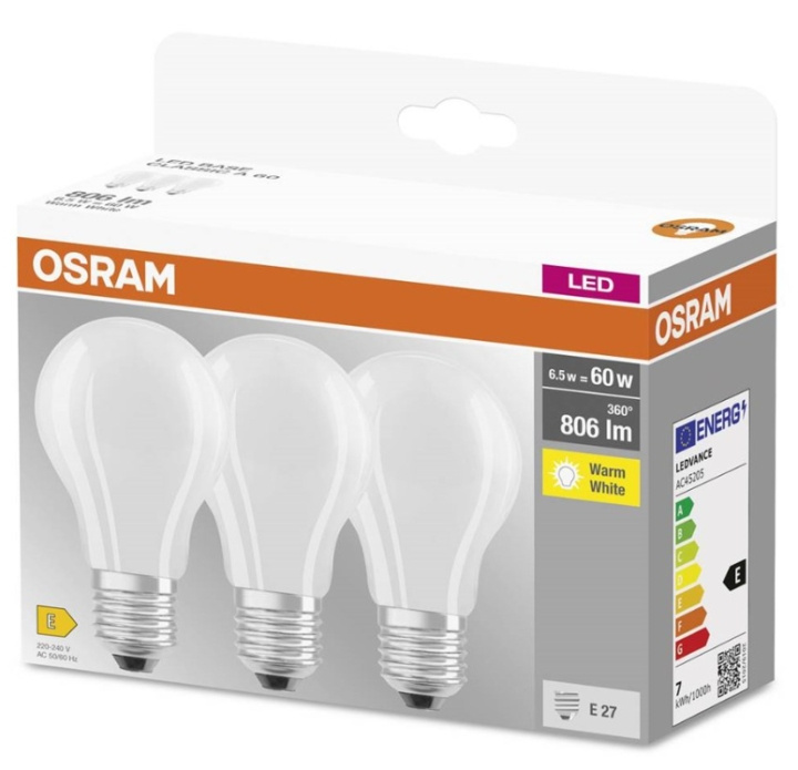 LEDVANCE OSRAM LED BASE standard mat 806lm 6,5W/827 (60W) E27 3-pak i gruppen HJEMMEELEKTRONIK / Lys / LED lamper hos TP E-commerce Nordic AB (C92666)