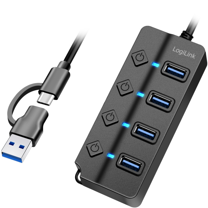 LogiLink USB-hub 4-port med separata På/Av-knappar USB-C/USB-A in USB 3.2 Gen1 i gruppen COMPUTERTILBEHØR / Computer Tilbehør / USB-hubs hos TP E-commerce Nordic AB (C93480)