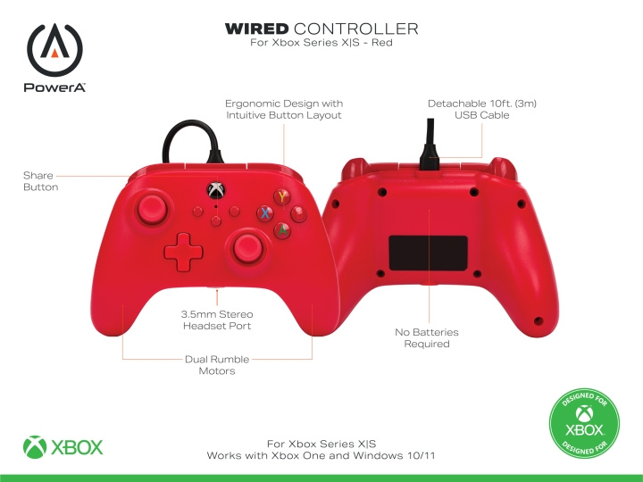 PowerA PowerA Kablet controller til Xbox Series X - S - Rød i gruppen HJEMMEELEKTRONIK / Spilkonsoller og tilbehør / Xbox Series X / Tilbehør hos TP E-commerce Nordic AB (D02344)