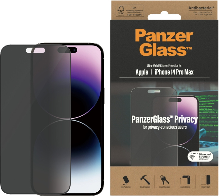 PanzerGlass Ultra Wide Fit Privacy-skærmbeskytter, iPhone 14 Pro Max, sort ramme i gruppen SMARTPHONES & TABLETS / Mobil Beskyttelse / Apple / iPhone 14 hos TP E-commerce Nordic AB (D13461)