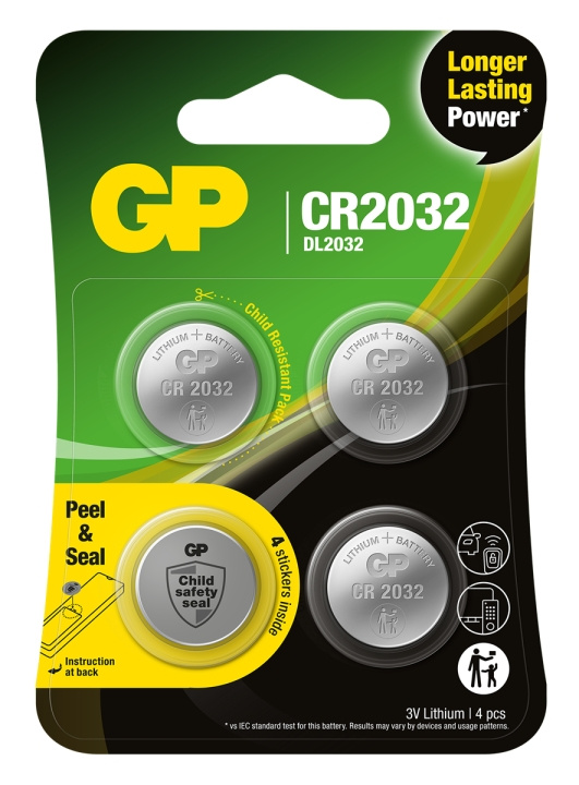 GP Litiumcellebatteri CR2032, 3V, sikkerhedsforsegling, 4-pak i gruppen HJEMMEELEKTRONIK / Batterier og opladere / Batterier / Knapcelle hos TP E-commerce Nordic AB (D13747)