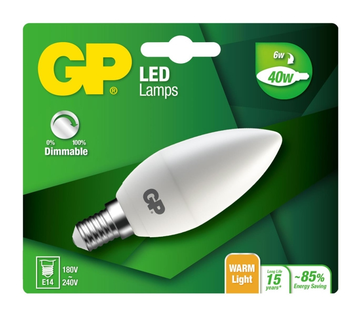 GP LED-lampe Mini Candle, E14, DIM, 6W (40W), 470lm i gruppen HJEMMEELEKTRONIK / Lys / LED lamper hos TP E-commerce Nordic AB (D14194)