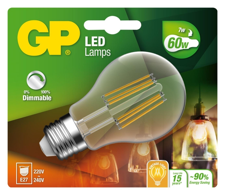 GP LED-lampe Classic Filament, E27, DIM, 7W (60W), 806lm i gruppen HJEMMEELEKTRONIK / Lys / LED lamper hos TP E-commerce Nordic AB (D14218)