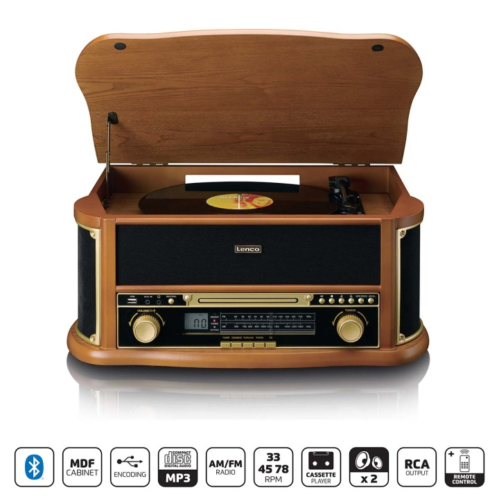 Lenco Retro-pladespiller i træ med Bluetooth® AM/FM-radio, USB-kodning, cd-afspiller, kassetteafspiller og indbyggede højttalere i gruppen HJEMMEELEKTRONIK / Lyd & billede / Hjemmebiograf, HiFi & Bærbar / Kompakt stereo & pladespiller hos TP E-commerce Nordic AB (D14627)